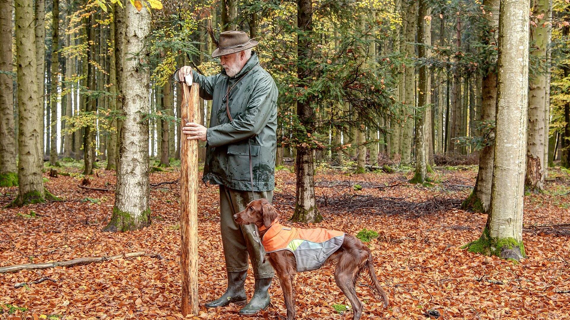 Jäger im Wald mit Hund